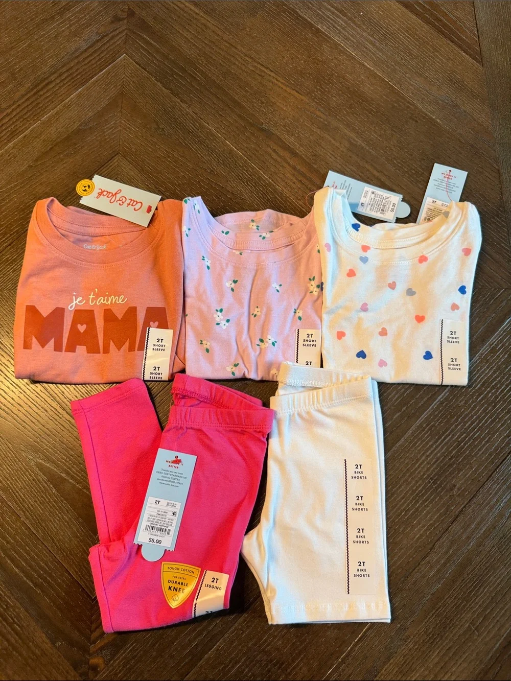 Cat & Jack Girls 5-Piece Bundle of Tees Leggings Bike Shorts Size 2T New NWT